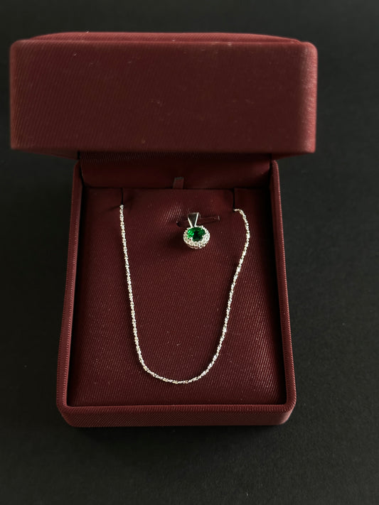 Cadena Tejido Crispeta con Dije Verde Halo - 50 cm - Plata Ley 925
