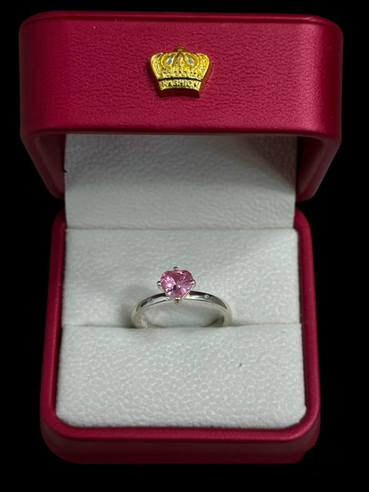Anillo Corazón Rosado con Circones en Plata Ley 925