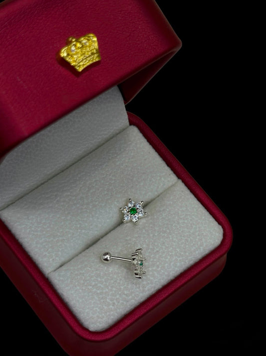 Aretes Flor con Circón Verde en Plata Ley 925