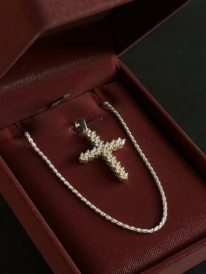 Cadena Tejido Lazo con Dije de Cruz Brillante - 45 cm - Plata Ley 925