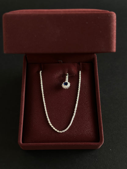 Cadena Tejido Lazo con Dije de Circón Azul - 45 cm -  Plata Ley 925
