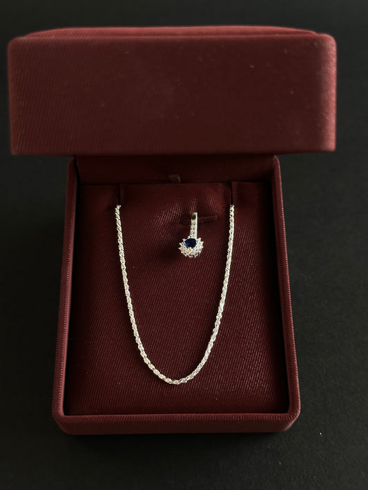 Cadena Tejido Lazo con Dije de Circón Azul - 45 cm -  Plata Ley 925