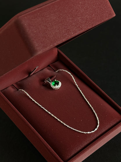 Cadena Tejido Crispeta con Dije Verde Halo - 50 cm - Plata Ley 925