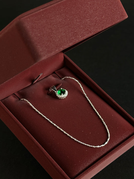 Cadena Tejido Crispeta con Dije Verde Halo - 50 cm - Plata Ley 925