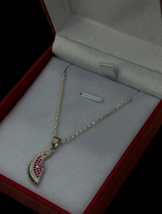 Cadena Tejido Lazo con Dije de Sandía - 45 cm -  Plata Ley 925