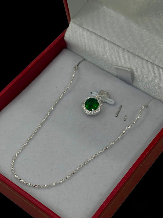 Cadena Tejido Crispeta con Dije Verde Halo - 50 cm - Plata Ley 925