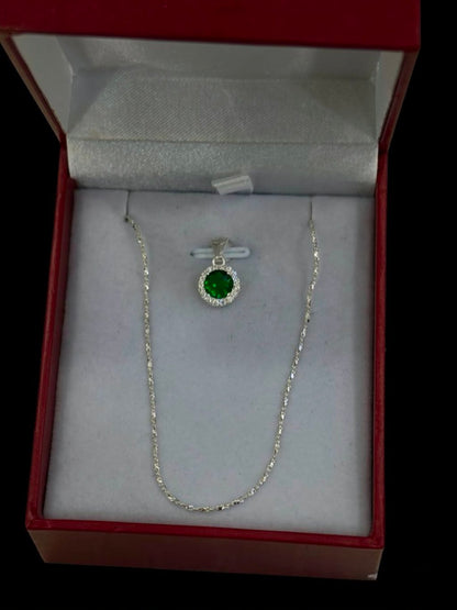 Cadena Tejido Crispeta con Dije Verde Halo - 50 cm - Plata Ley 925
